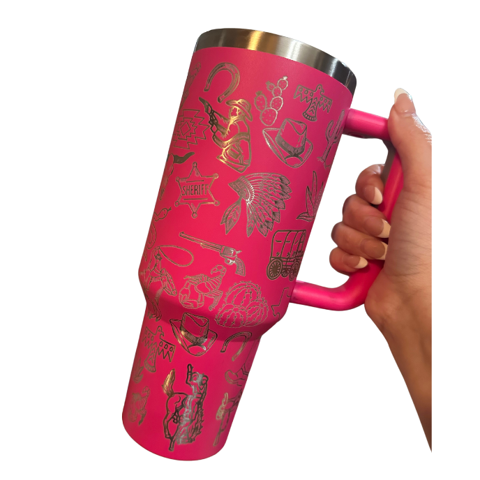 Engraved 40 oz tumbler, Western insulated cup with handle and straw