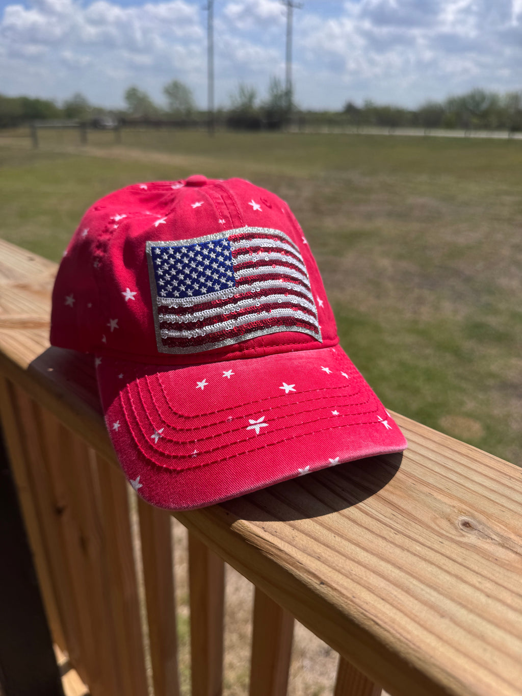Sequined american flag hat with ponytail opening