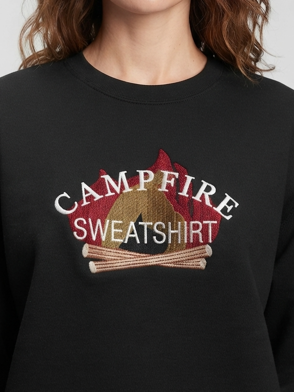 Embroidered Sweatshirt with Campfire theme embroidered design