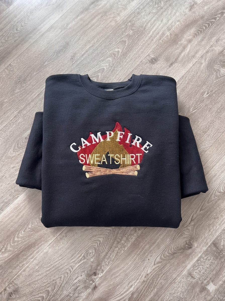 Embroidered Sweatshirt with Campfire theme embroidered design
