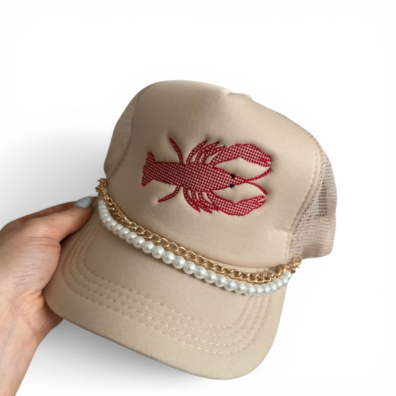 Crawfish hat with embroidered crawfish and removable hat chain