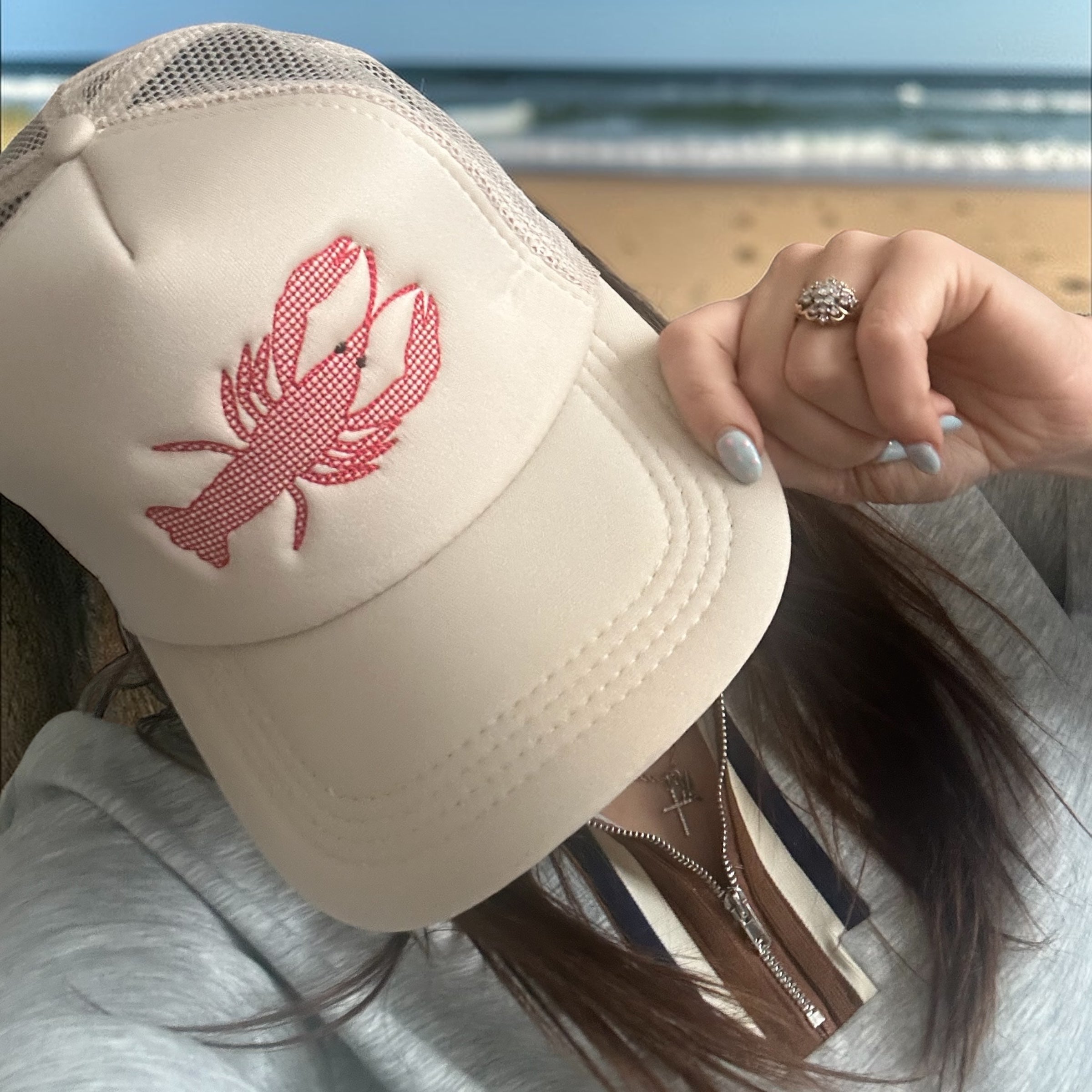 Crawfish hat with embroidered crawfish and removable hat chain