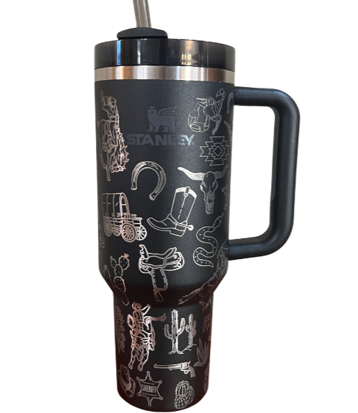 Engraved 40 oz tumbler, Western insulated cup with handle and straw